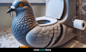 A creatively designed pigeon toilet with a sculpted bird body and eggs on top, set against a modern bathroom backdrop."