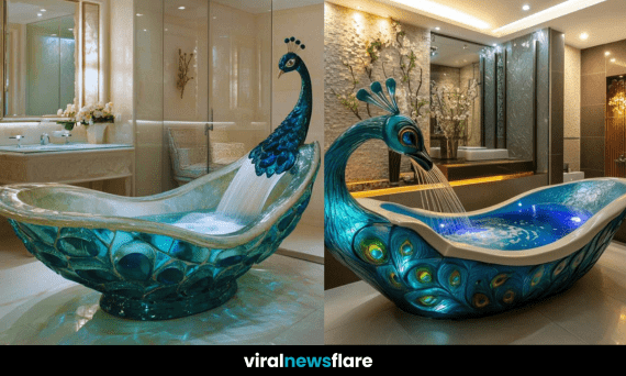 A stunning peacock-shaped bathtub with flowing water in a modern luxury bathroom setting.