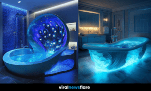 A breathtaking luxury LED bathtub emitting a vibrant glow, enhancing the ambiance of a high-end spa bathroom.