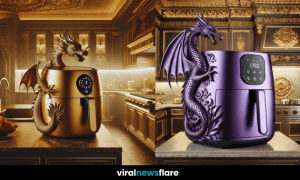 A collection of three elegant dragon-themed air fryers in gold, black, and purple, displayed in high-end kitchens.