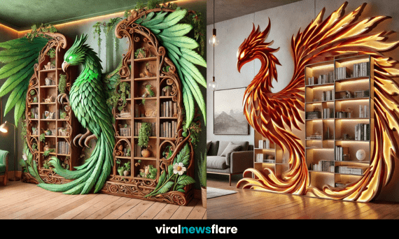 A collection of four stunning phoenix-inspired bookshelves in green, silver, ice-blue, and fiery red designs.