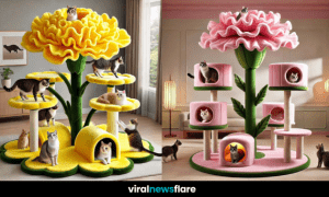A collection of floral-inspired cat trees featuring various colours, platforms, and hideouts, designed for feline comfort and home decor.