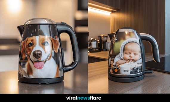 A sleek electric kettle featuring a customised wedding photo, placed on a modern kitchen countertop.