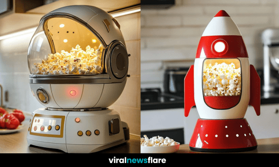 A space-inspired popcorn maker filled with freshly popped popcorn, glowing with LED lights in a modern kitchen."