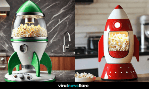 futuristic rocket-shaped popcorn maker in a modern kitchen, filled with freshly popped popcorn.