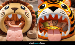 Collection of cute animal-themed beds, including tiger, panda, lion, and giraffe designs, in a cosy setting