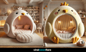 A soft, plush, chicken-inspired bed with a cushioned interior, adding warmth and whimsy to any living space.
