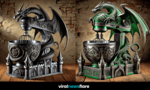A stunning dragon-themed stand mixer with intricate gothic designs, a fierce dragon, and a medieval castle base.