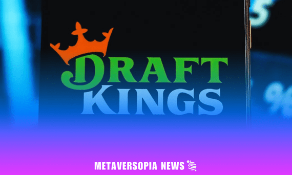 DraftKings logo displayed on a mobile screen with financial data in the background, overlaid with “Metaversopia News” branding in a gradient blue-purple theme.