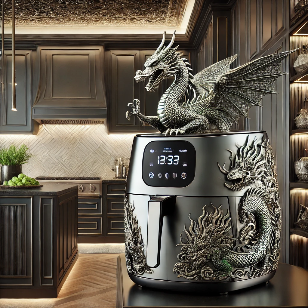 A sleek black air fryer adorned with silver dragon engravings and a fierce dragon perched on top, in a dark modern kitchen.