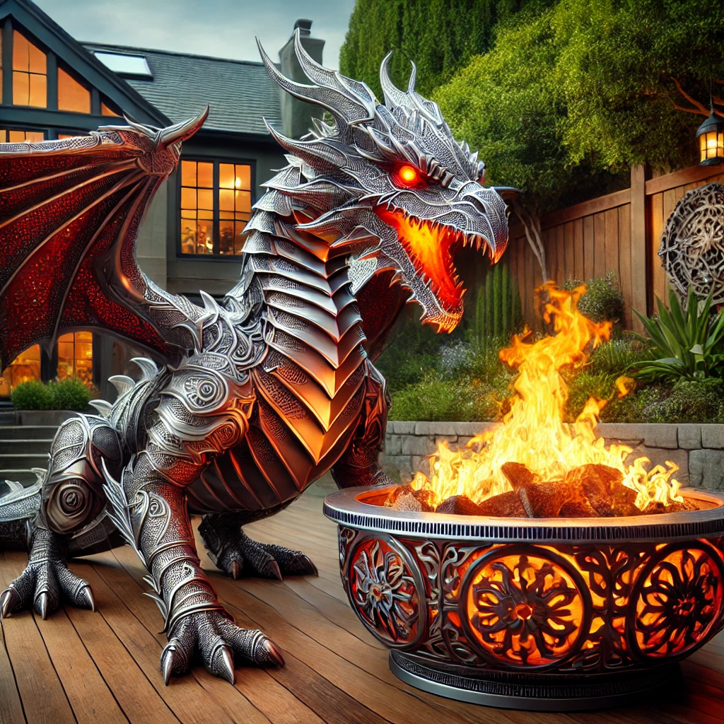 A ferocious dragon-shaped fire pit breathing flames, set against a cosy patio with evening lighting