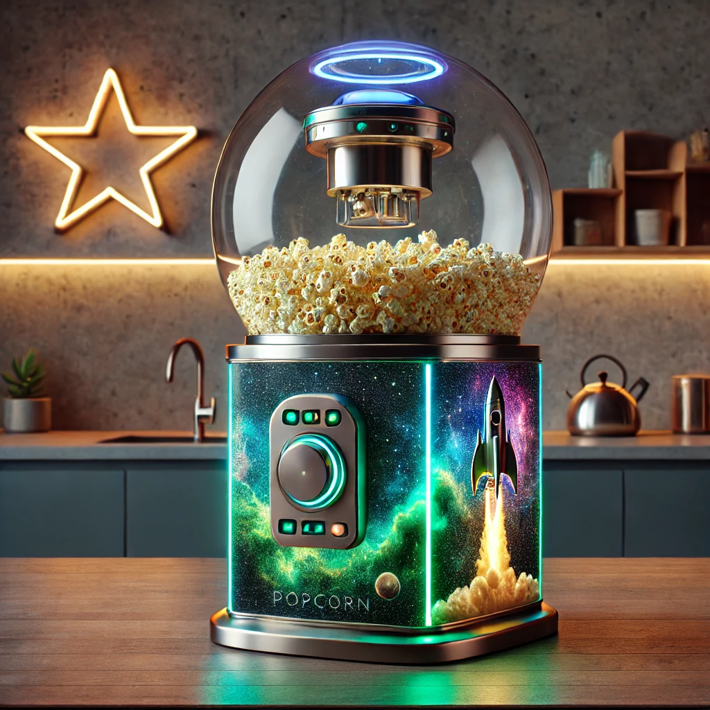 A space-inspired popcorn maker with a spherical glass dome, neon lights, and a rocket decal on the side.