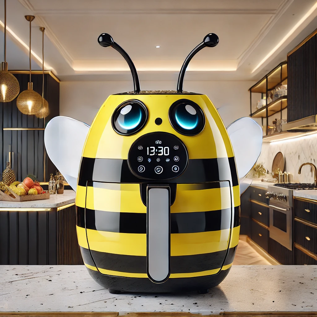 A bright yellow and black striped bee-themed air fryer with wings and antennae, sitting on a stylish kitchen counter.