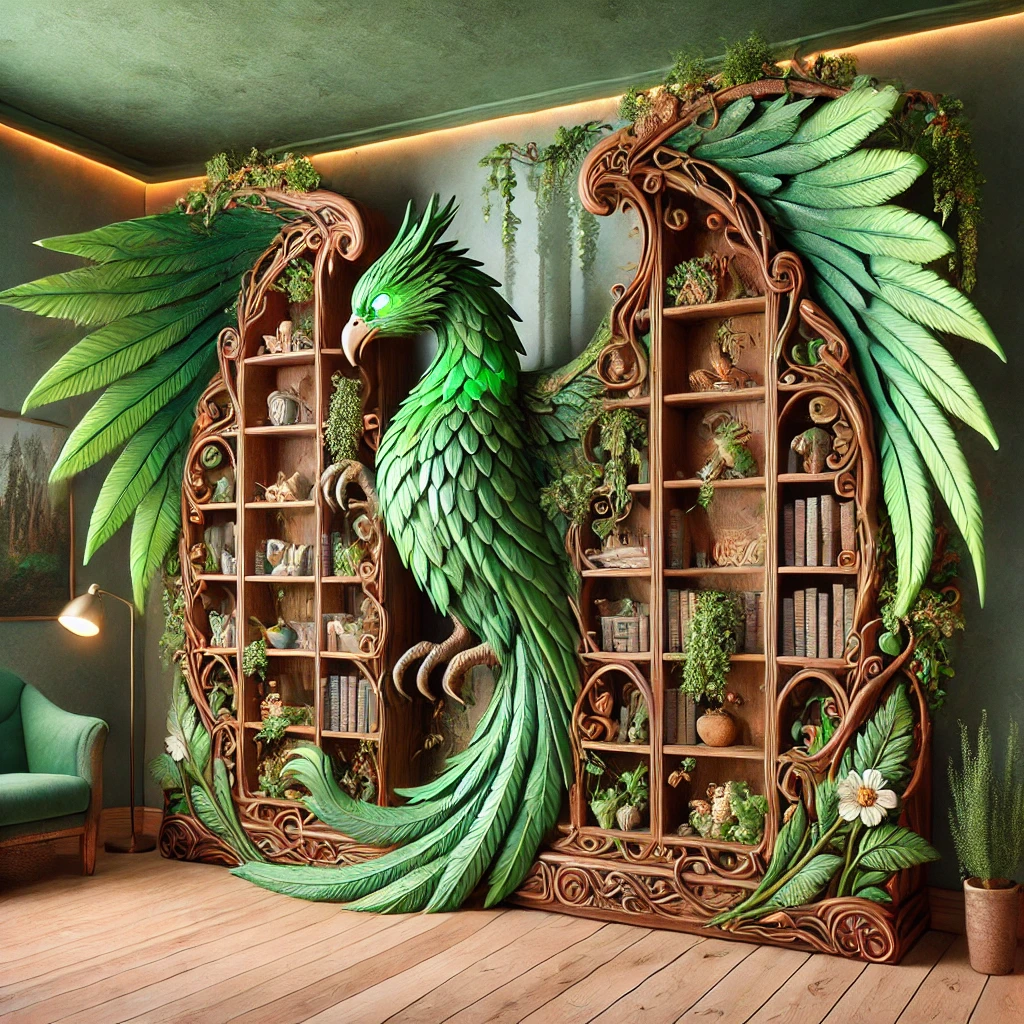 A beautifully crafted green phoenix bookshelf with wooden detailing, leafy embellishments, and a natural, earthy design.