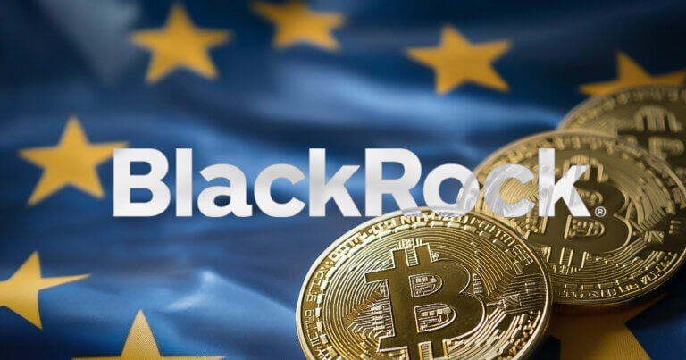 BlackRock logo over European Union flag with Bitcoin coins, symbolising the launch of BlackRock's Bitcoin ETP in Europe.