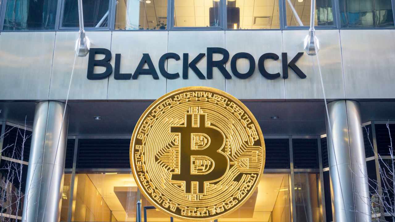 BlackRock’s Bitcoin and Ethereum Transfer: BlackRock headquarters with a large Bitcoin symbol, representing institutional involvement in cryptocurrency investments and market influence