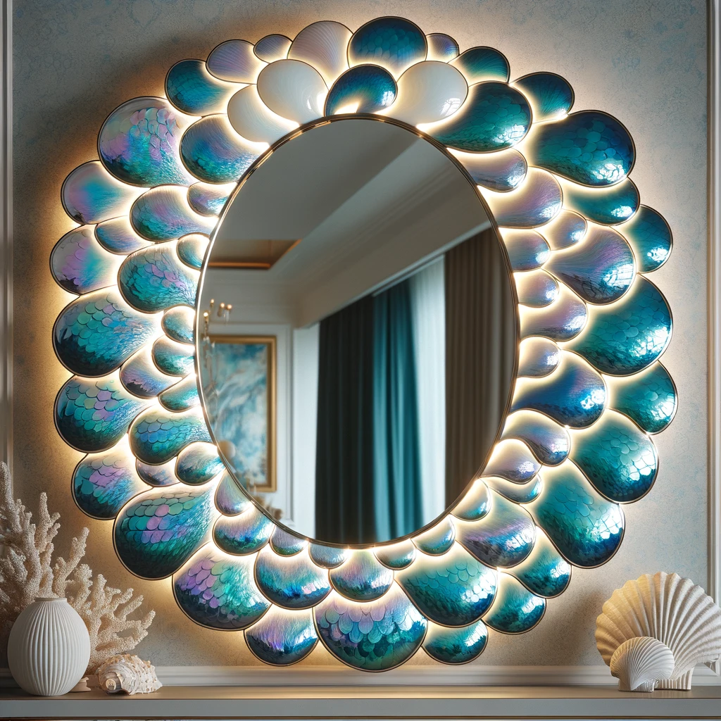 A striking round mirror adorned with blue and teal shell details, softly illuminated with LED lighting.