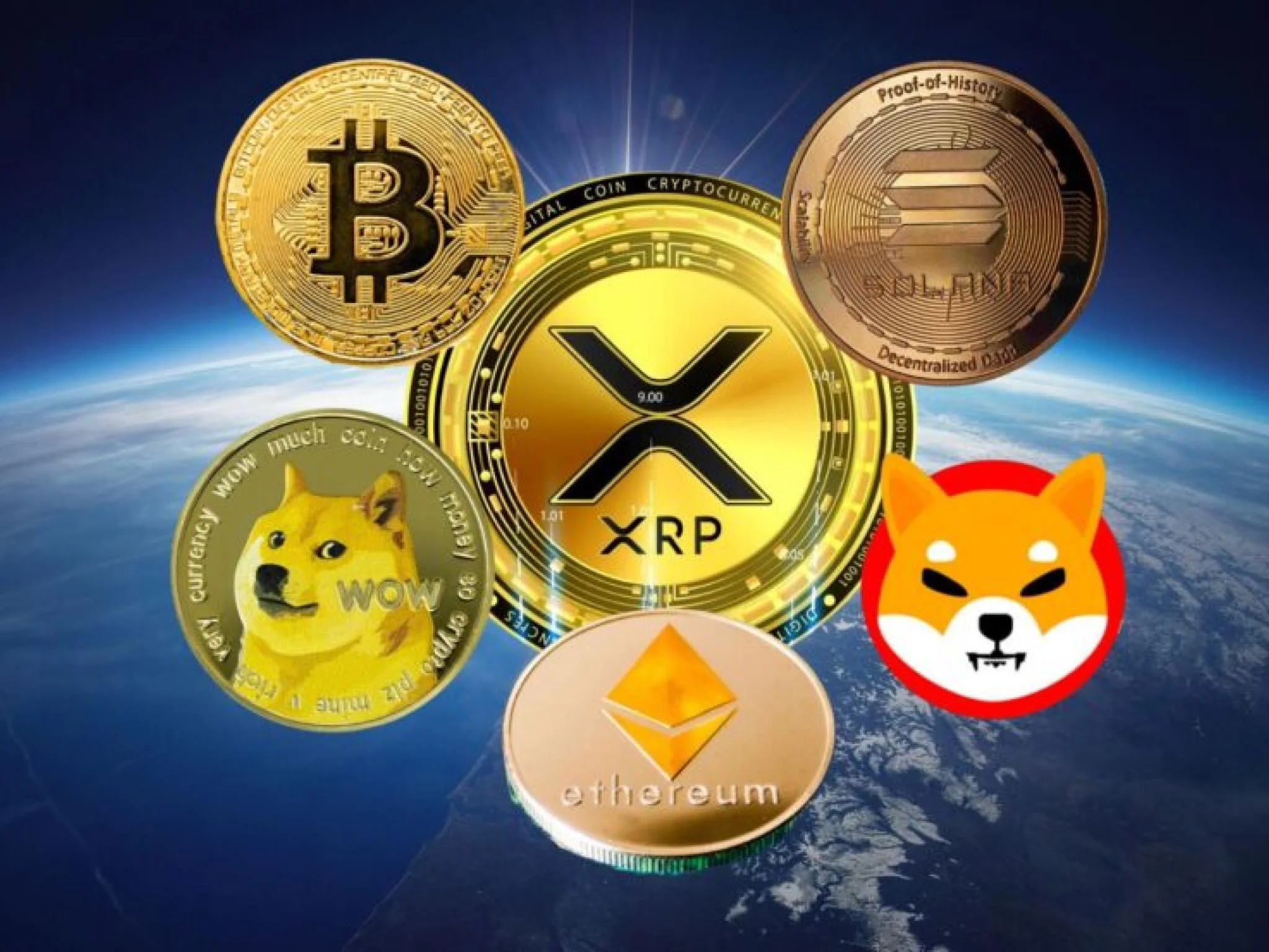 A collection of major cryptocurrency coins, including Bitcoin, XRP, Solana, Dogecoin, Ethereum, and Shiba Inu, set against a backdrop of Earth from space, symbolising the global reach and impact of digital currencies.