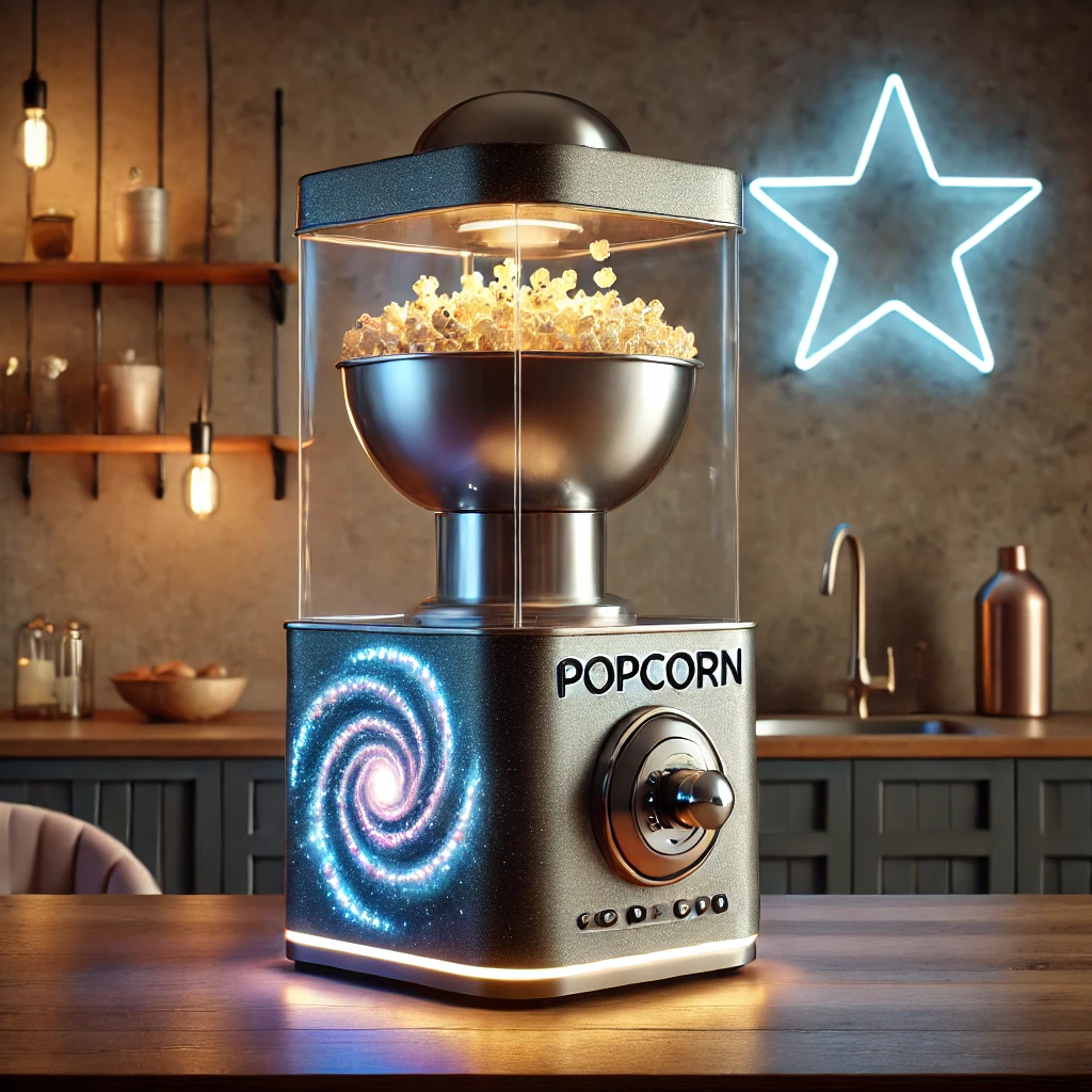 A futuristic popcorn machine featuring a glowing galaxy design, LED lights, and a transparent popping chamber on a kitchen counter.