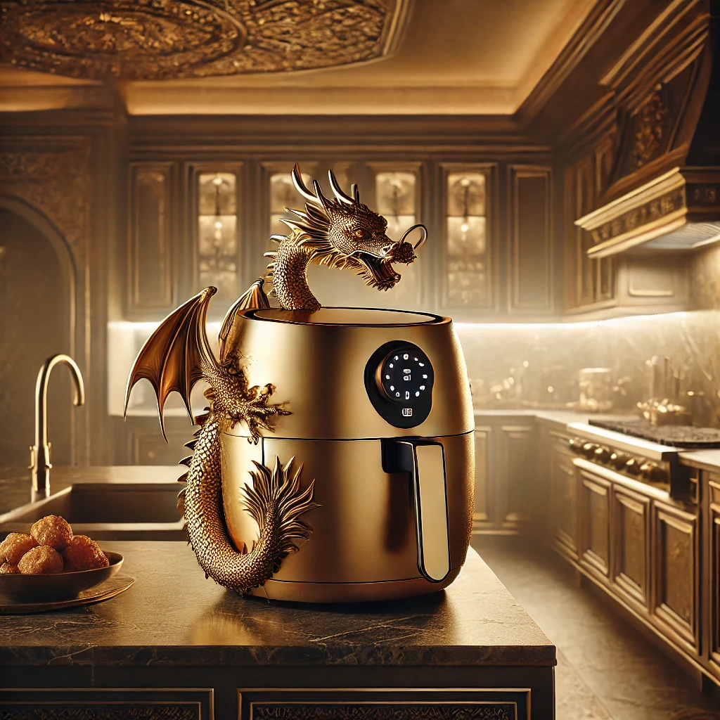 A luxurious golden air fryer with an intricately sculpted dragon, set in a high-end golden-accented kitchen.