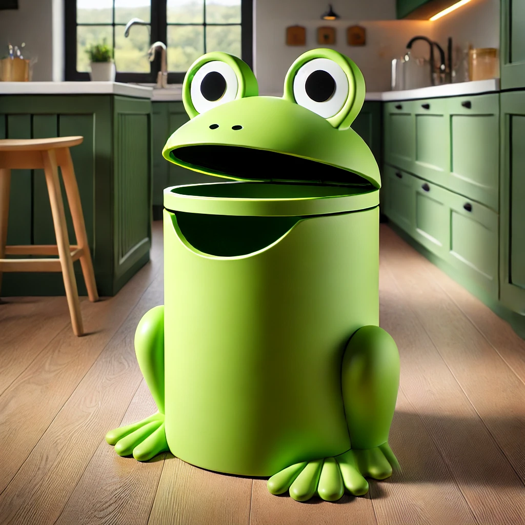A green frog-themed kitchen bin with big googly eyes in a stylish kitchen setting.