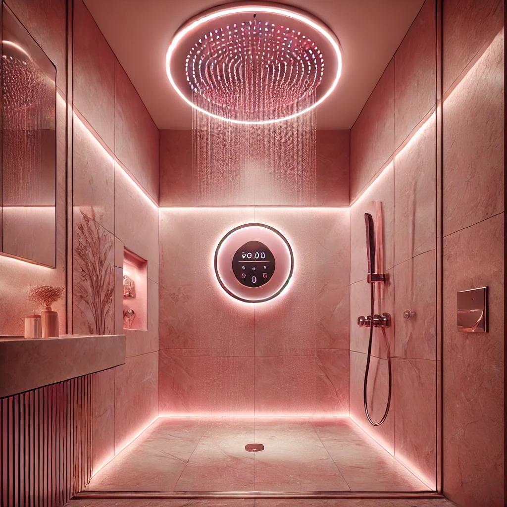 A luxurious rainfall shower with pink LED lighting and digital control panel.