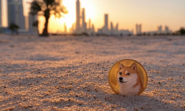 A Shiba Inu coin placed on desert sand with the Dubai skyline in the background, symbolising cryptocurrency adoption in the UAE.