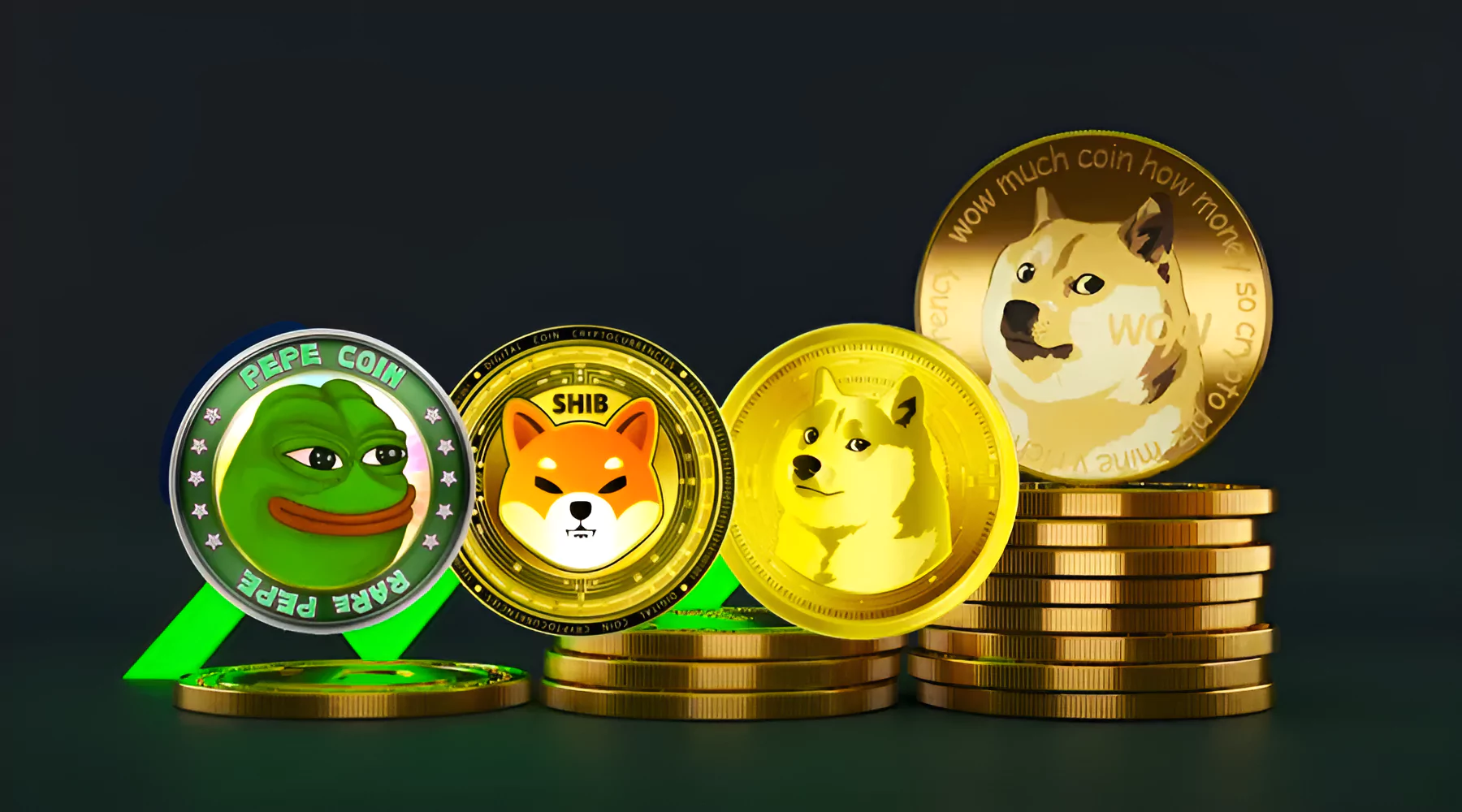 A collection of digital meme coins featuring Pepe Coin, Shiba Inu (SHIB), and Dogecoin, symbolising the growing trend of meme-based cryptocurrencies.