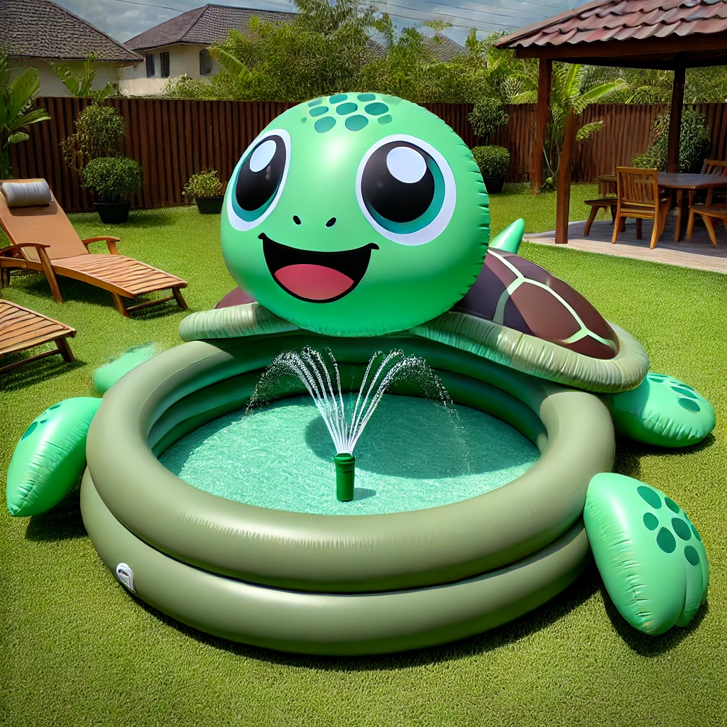 A green inflatable turtle paddling pool with a built-in sprinkler, set in a garden