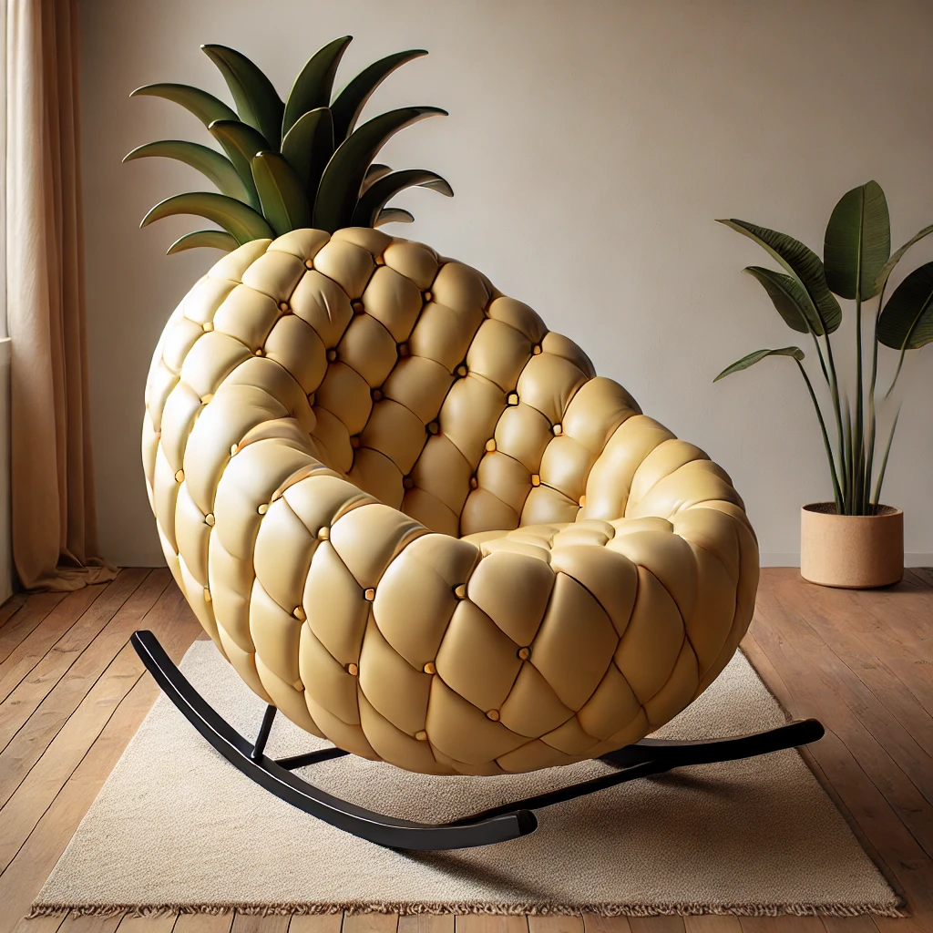 A pineapple-inspired rocking chair with quilted yellow upholstery and green leaf accents.