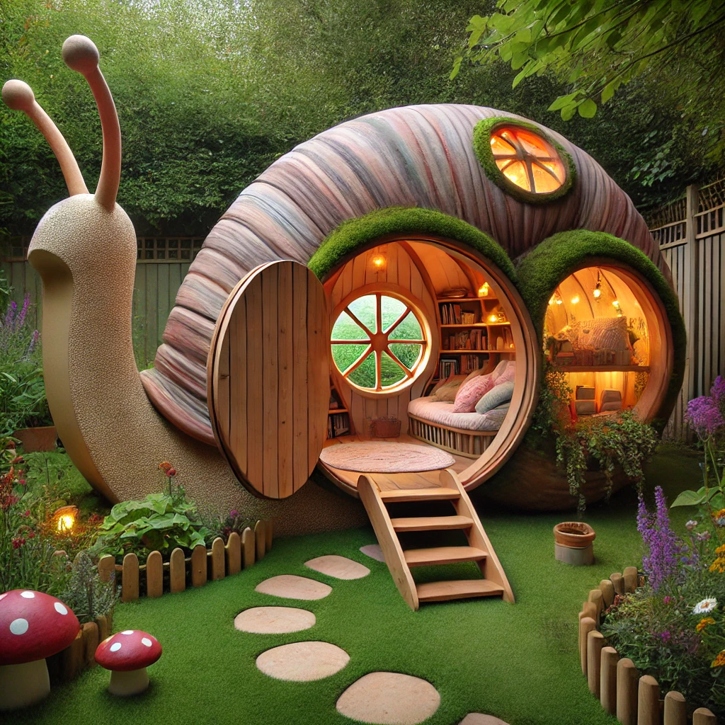 A charming wooden garden pod shaped like a snail, with a circular entrance and warm interior lighting.