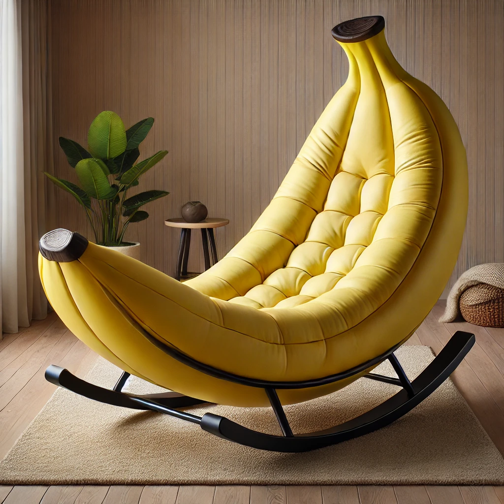 A banana-shaped rocking chair with plush yellow cushioning in a stylish living room.