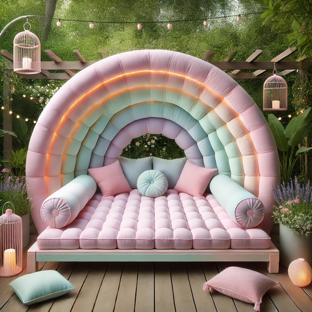 A pastel rainbow-themed bed with tufted cushions, soft lighting, and a serene garden ambiance