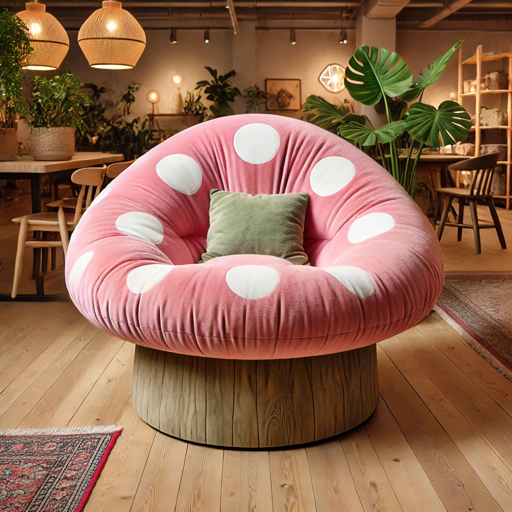 A soft pink mushroom chair with white polka dots in a stylish, modern cafe setting.