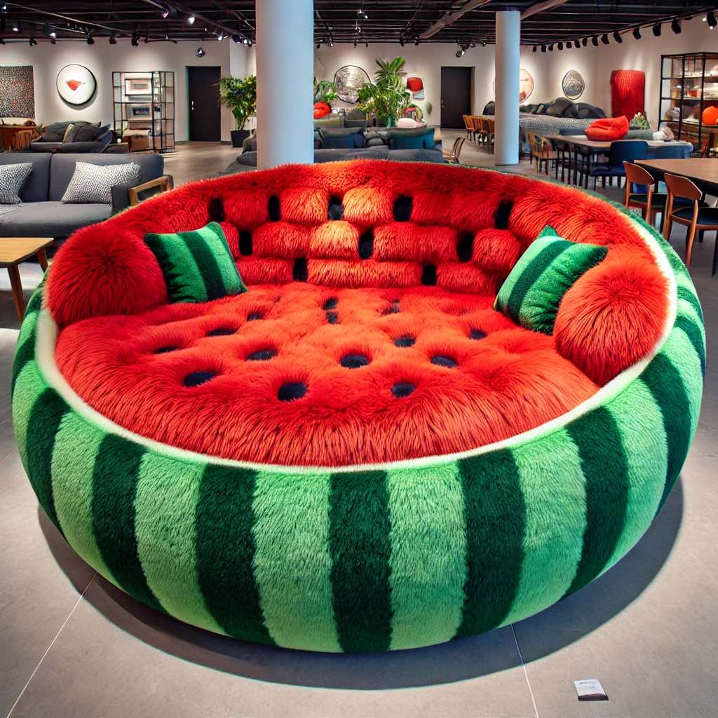 Fruit-Inspired Sofas: A bold, watermelon-themed round sofa with a red tufted interior and green rind-patterned outer edge.