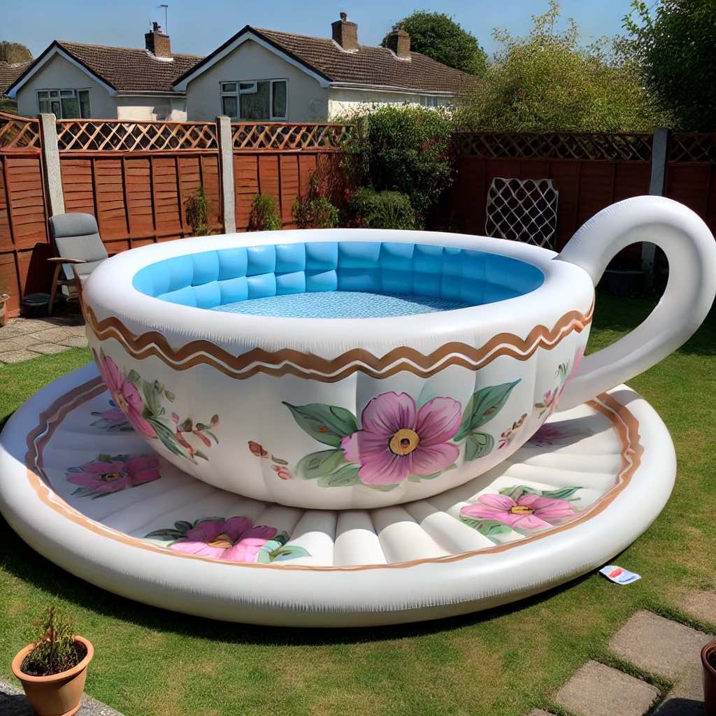 A crisp white inflatable teacup pool with blue water and soft floral motifs, a stunning backyard feature.
