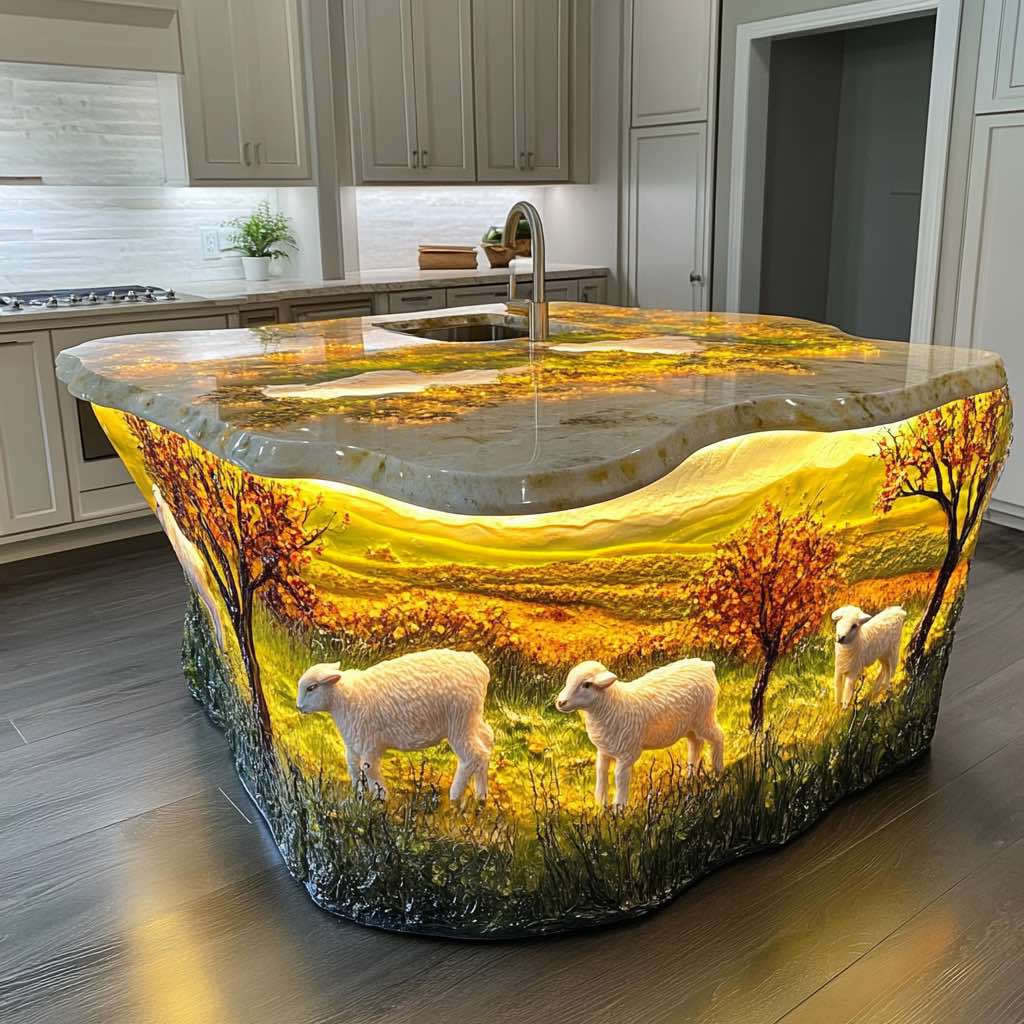  A farmhouse-style kitchen with an irregularly shaped illuminated island featuring a warm autumn landscape and sheep.