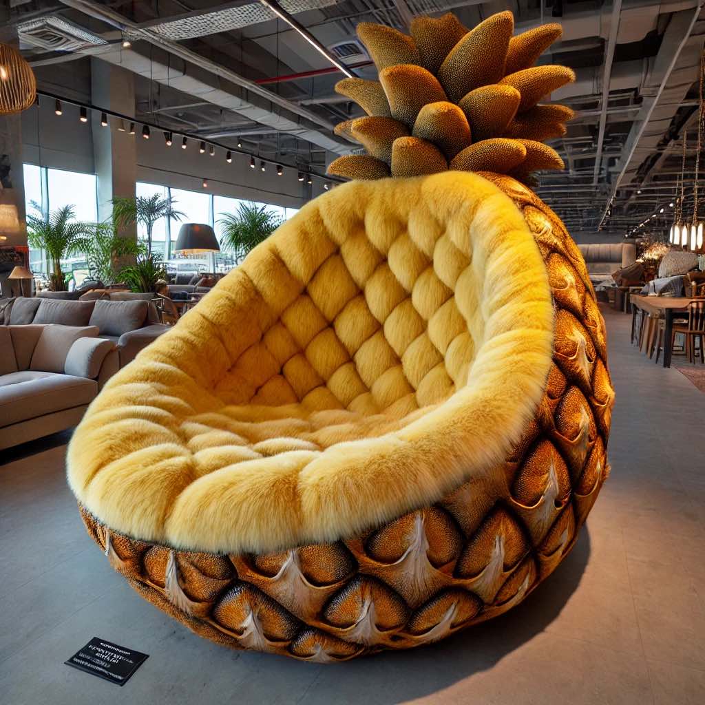 A pineapple-shaped lounge chair with a tufted yellow seat and textured exterior, set in a modern furniture store.