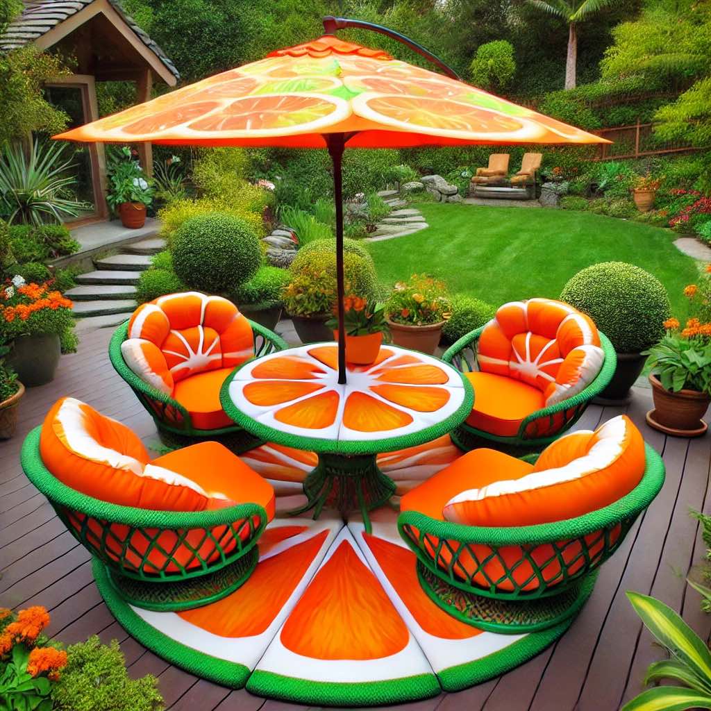 A zesty orange-themed outdoor furniture set with bright citrus patterns, creating a lively and energetic patio space.