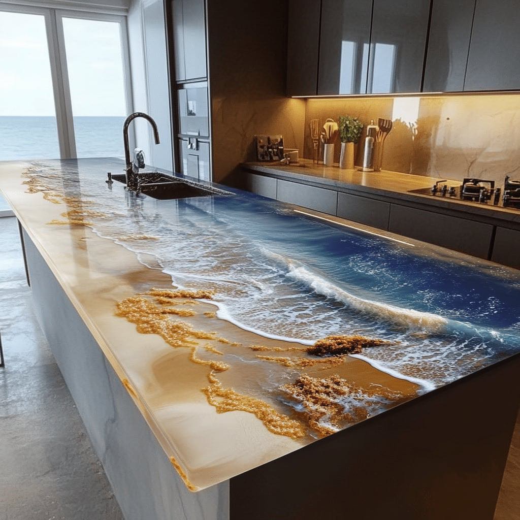 Resin countertop with realistic beach and ocean wave imagery in a modern seaside kitchen