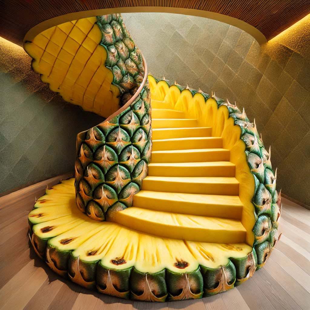 A beautifully crafted spiral staircase designed to resemble a pineapple, featuring intricate detailing and realistic textures.