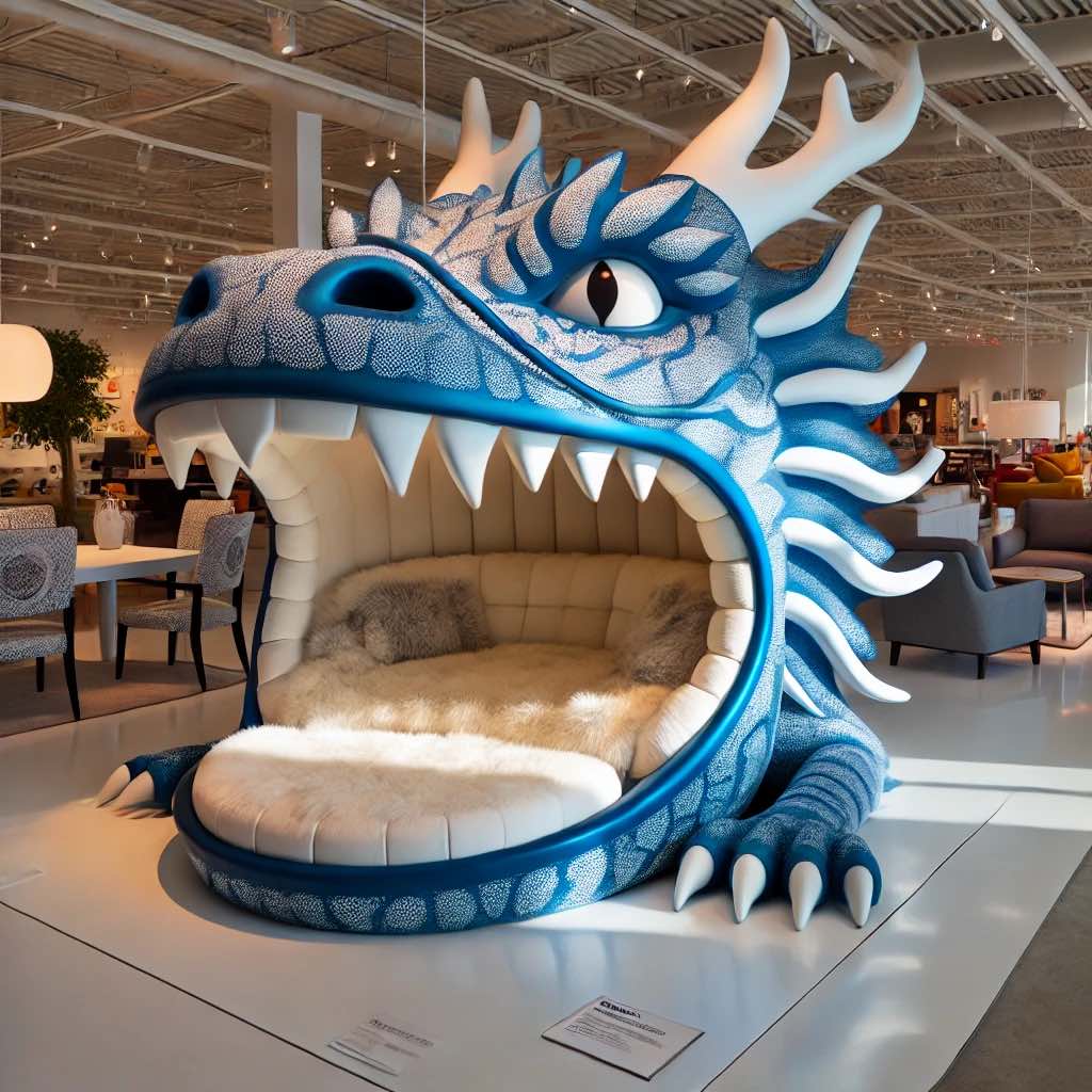 A luxurious blue and white dragon-themed bed with plush white interiors in a modern showroom.