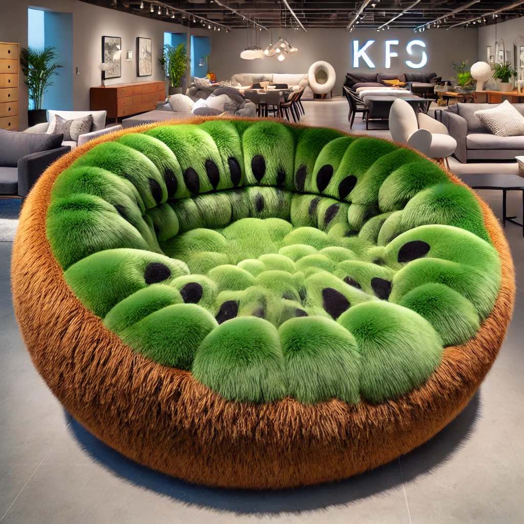 Fruit-Inspired Sofas: A circular green kiwi-inspired sofa with a fuzzy brown exterior and tufted black seed-like details.
