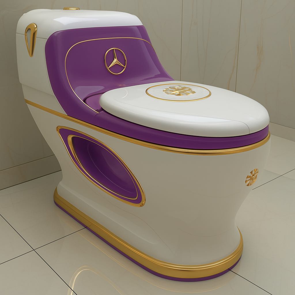 Purple and white high-end toilet with gold accents and a luxury finish