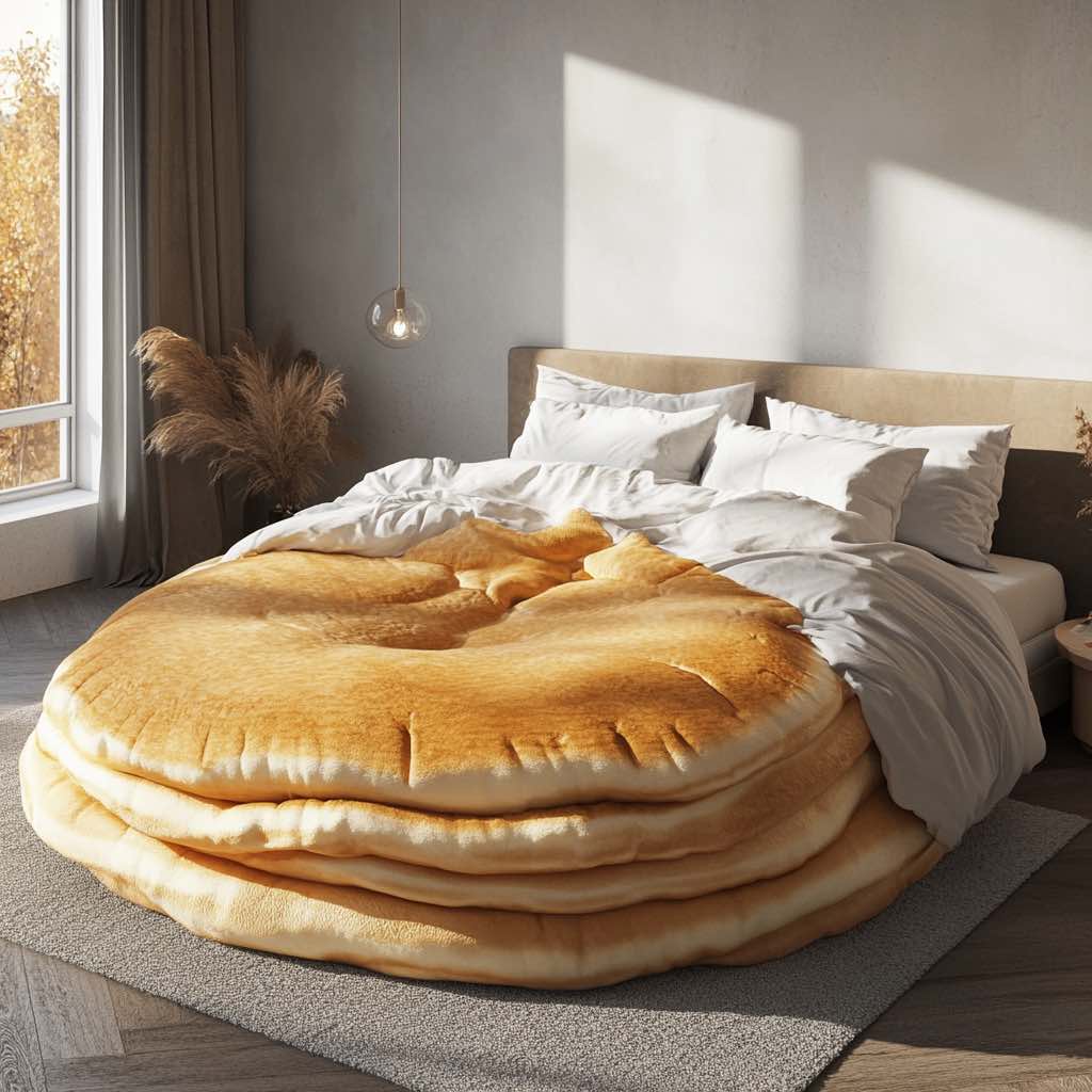 A layered pancake-inspired bed with a warm and inviting design.