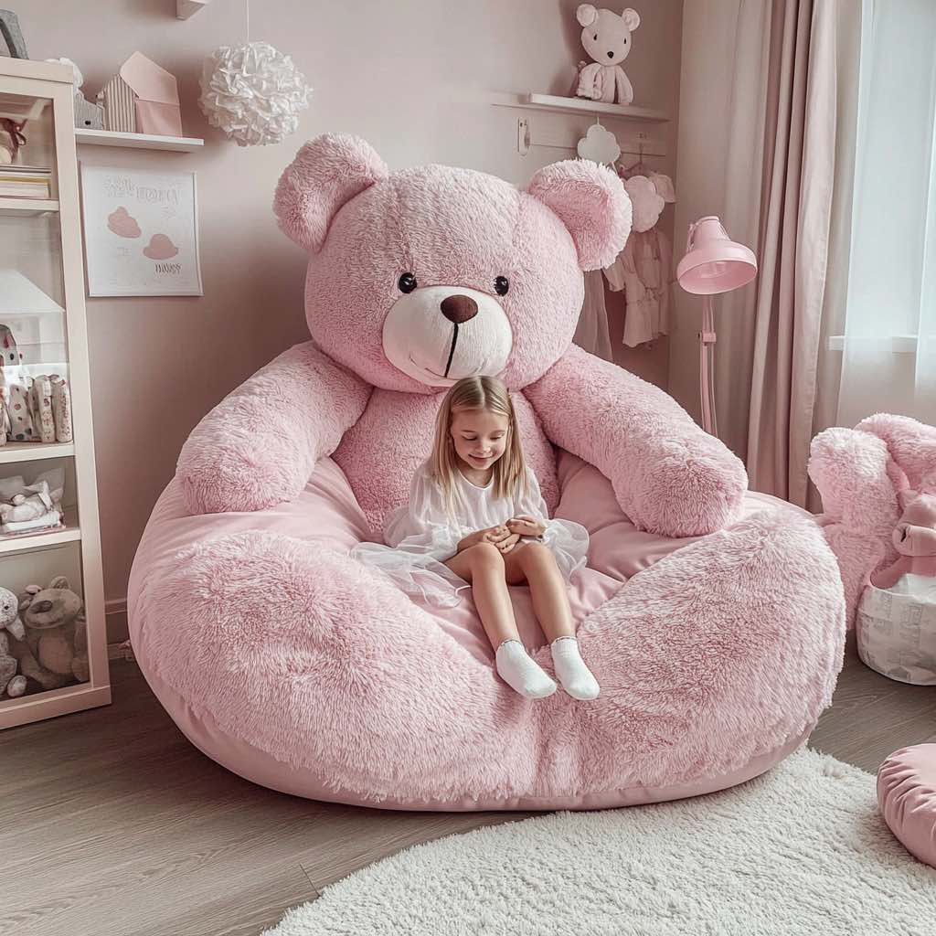  A little girl sitting on a pink giant teddy bear chair in a pastel-themed bedroom with cute teddy accessories.