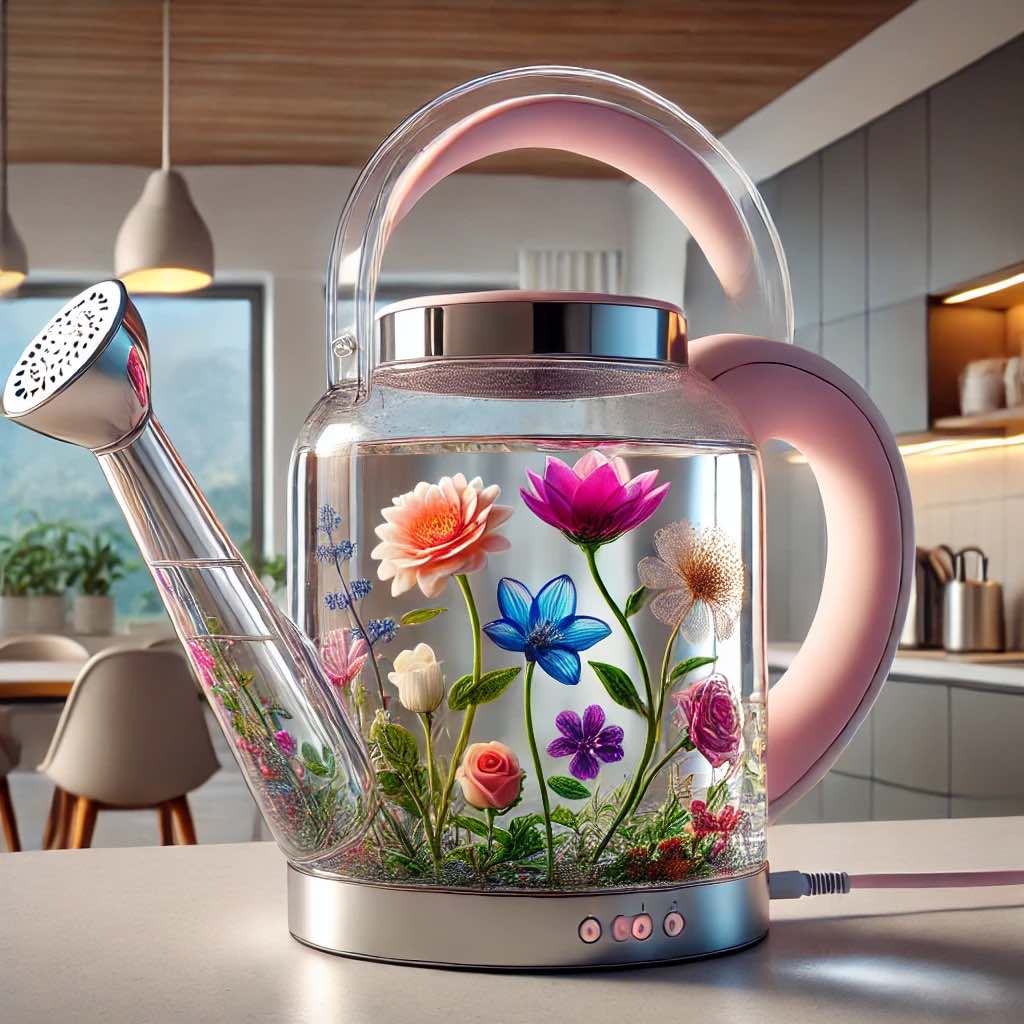 A glass watering kettle adorned with pink and white flowers, complete with a soft pink handle, adding charm to a kitchen