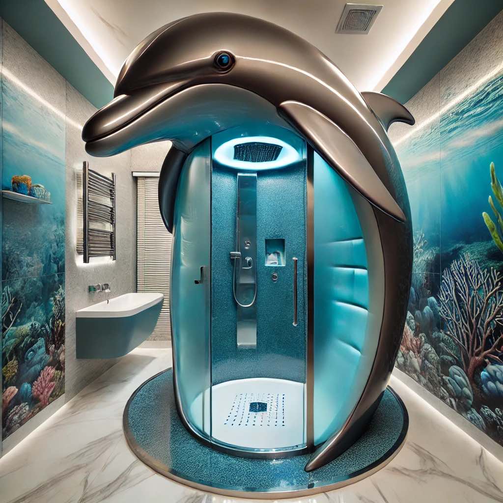 An elegant dolphin-shaped shower enclosure with soft lighting and a marine-inspired aesthetic.