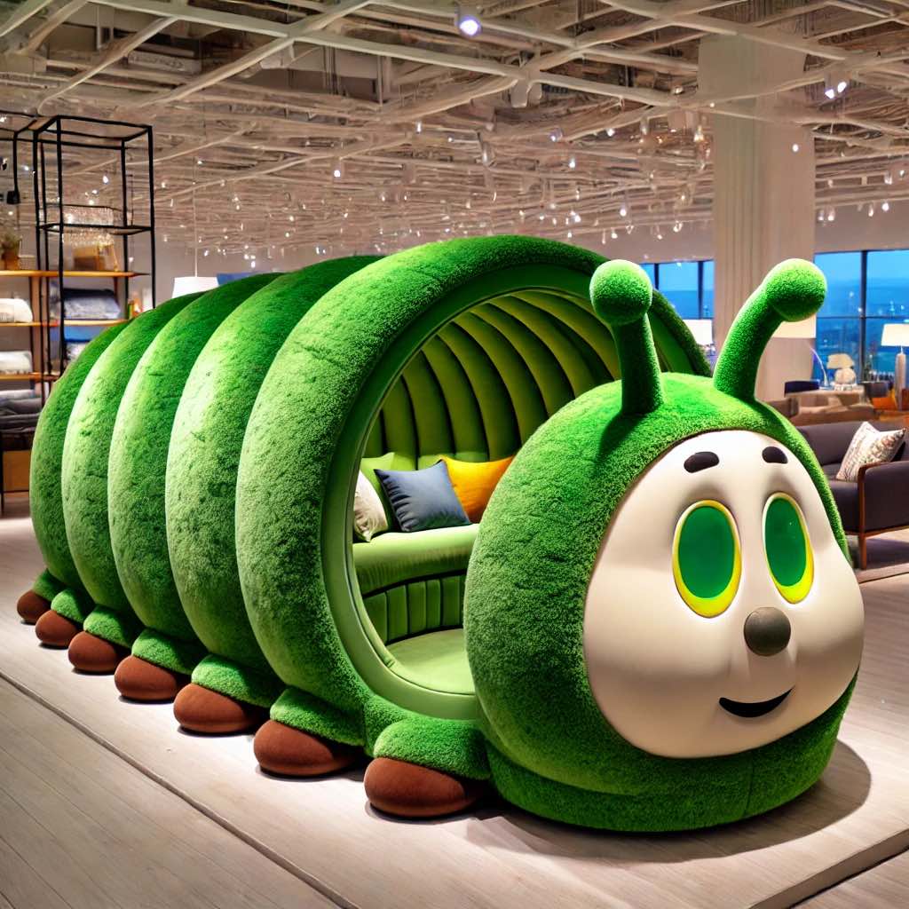A green segmented caterpillar-inspired lounger with a friendly face, perfect for both children and adults.

