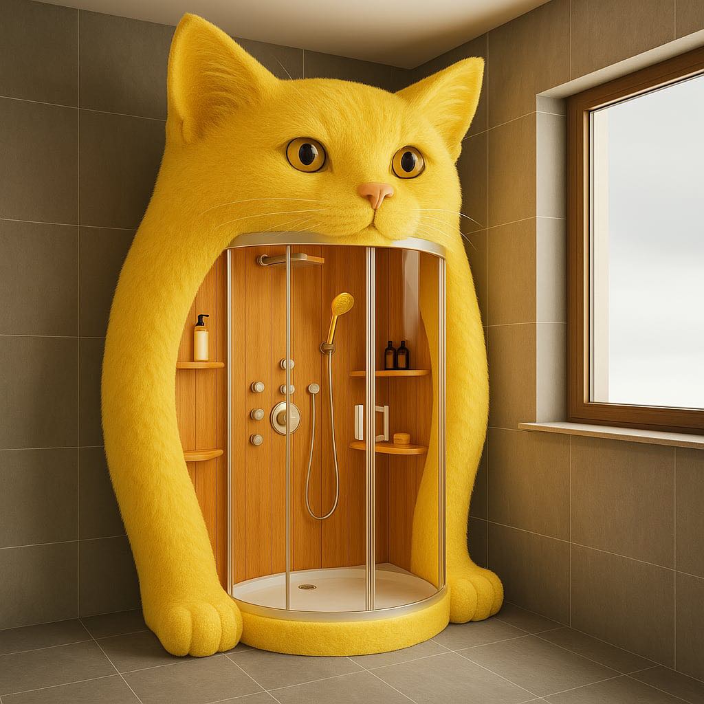Bright yellow cat shower pod with cosy wood interior, ideal for adding cheer to children’s bathrooms.
